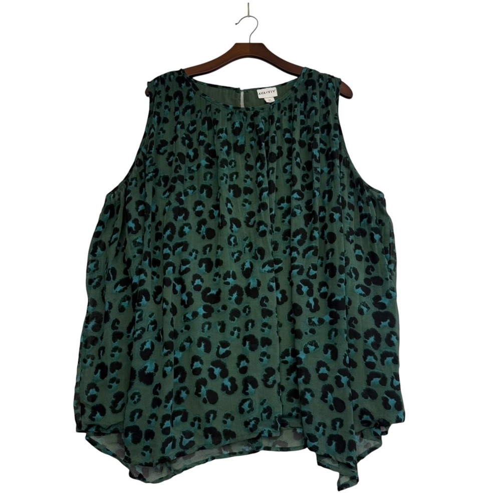 Ava & Viv Womens 2X Green Leopard Print Pleated Sleeveless Blouse Top 
#310